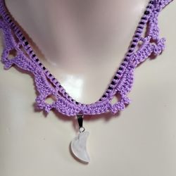 Handmade Collectable crochet Choker Necklace W/ Quartz Moon Pendant "Moon Goddess"