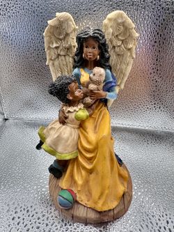 Vintage 6" African American Guardian Angel Figurine Child Teddy Bear Black Resin Statue