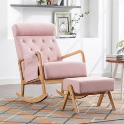 Modern Pink Upholstered Fabric Rocking Chair Nursery With Ottoman Set of 2 with Thick Padded Cushion [NEW] **Assembly Req** 