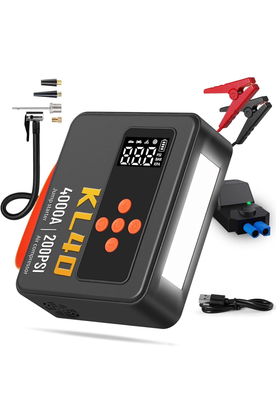Powerful 200 PSI Tire Inflator Compressor And Jump Starter Flashlight Combo