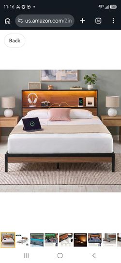Zinus Kai Platform Bed Frame, Two-Tier Headboard for Space-Saving Storage, Mood Setting RGB LED Lights, Built-in USB Charging Station, Soft Ambient Ni