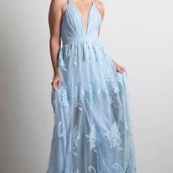 Light Sky Blue Lace Tulle Leg Slit Dress Bridesmaid Homecoming Prom Banquet Formal Gown