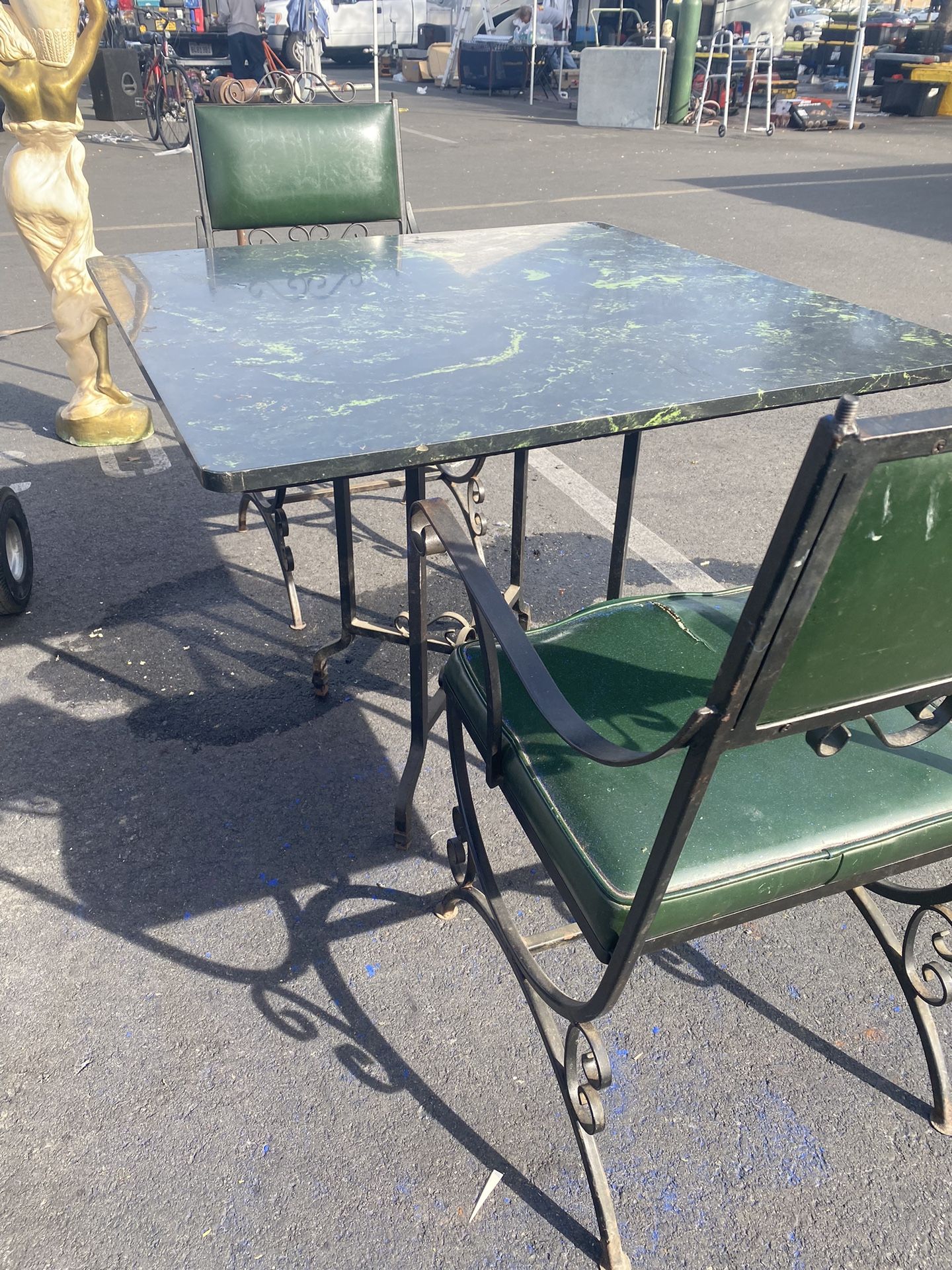 Antique Marble Top And Iron Table With 2 Chairs