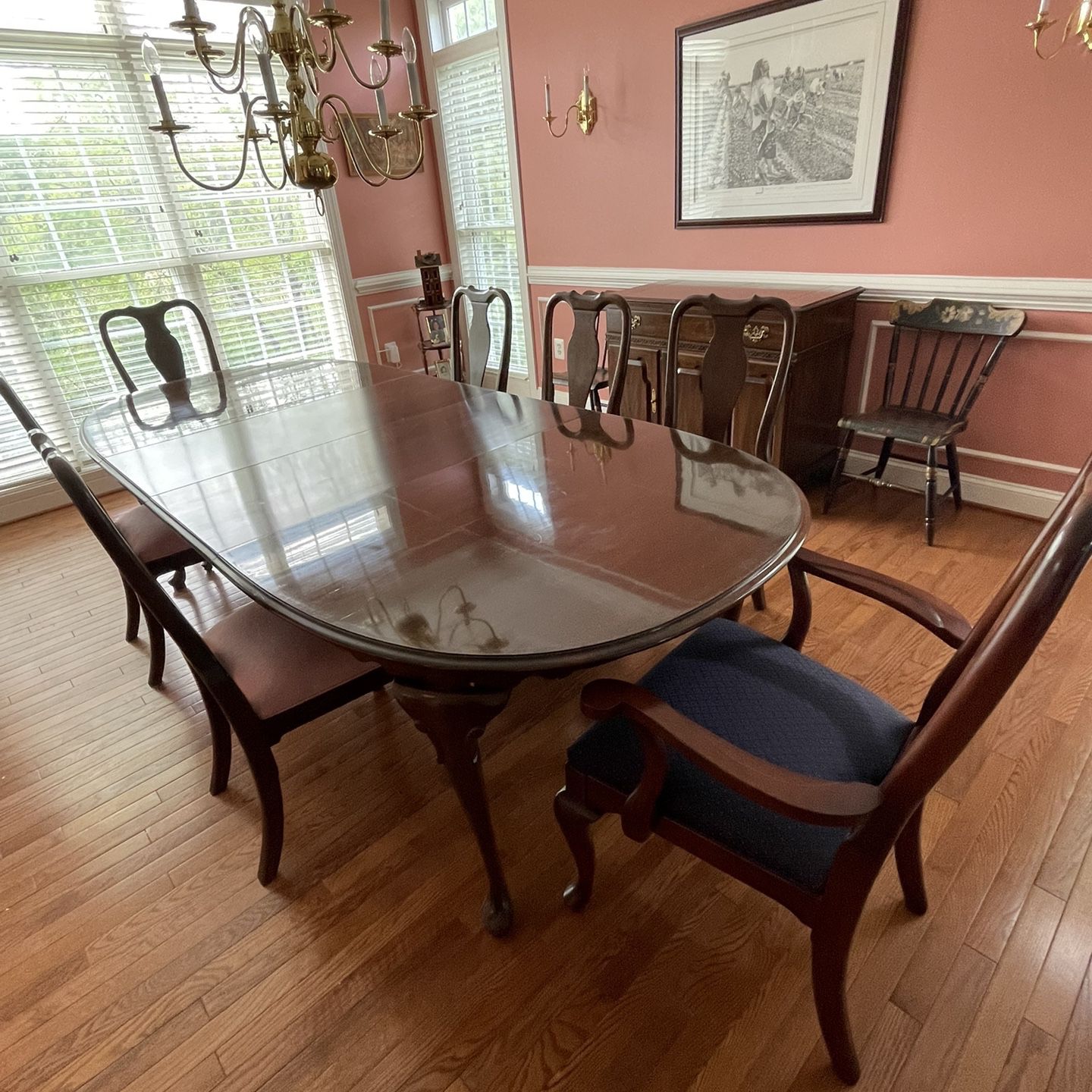 Ethan Allen cherry dining room set, includes server and lighted cupboard too