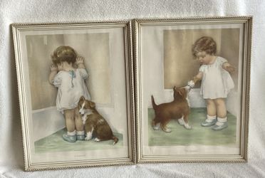 2 Vintage Bessie Pease Gutmann Prints. In Disgrace & The reward. Framed