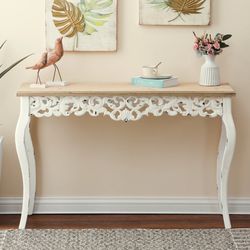 Victorian Off White and Natural Wood Console and Entry Table