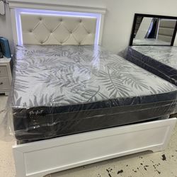 White Queen Bed Frame LED With Mattress Set