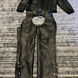 Woman’s Leather Motorcycle Jacket And Chaps