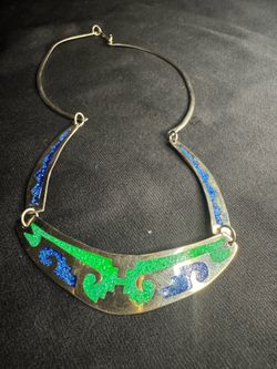 Vintage Mexican Alpaca Silver Collar Necklace — Malachite & Lapis Crushed Stone Inlay, Aztec Scroll Design