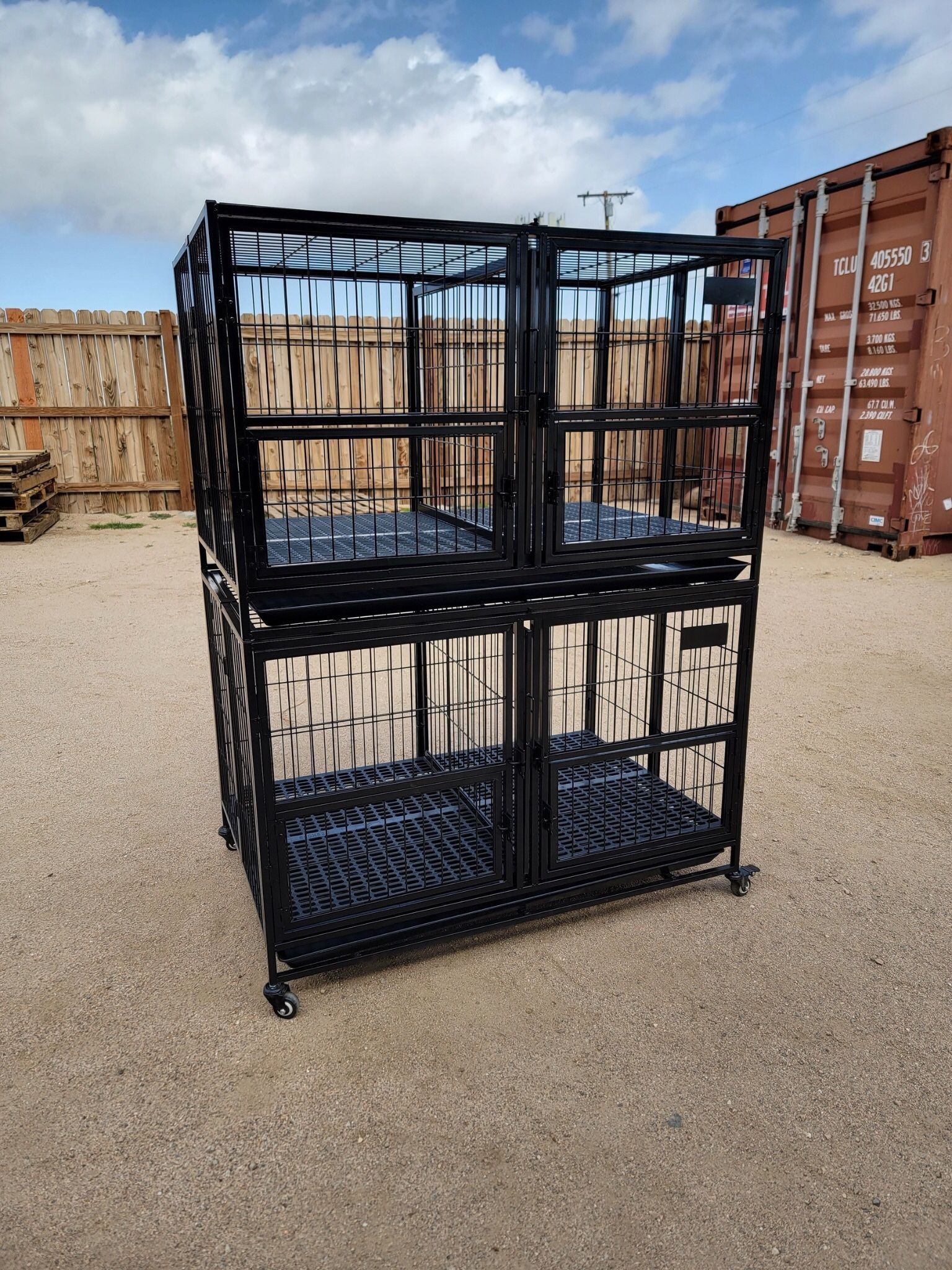 43” Large Double Door Dog Crate - 2 Tier Stackable & Foldable Dog Cage