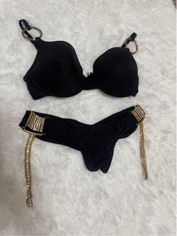 Small 36 c black gold bikini swimsuit lingerie y2k dancer low rise scrunch emo  Like new only worn to take photos. Scrunch bottom. Piece was made in e
