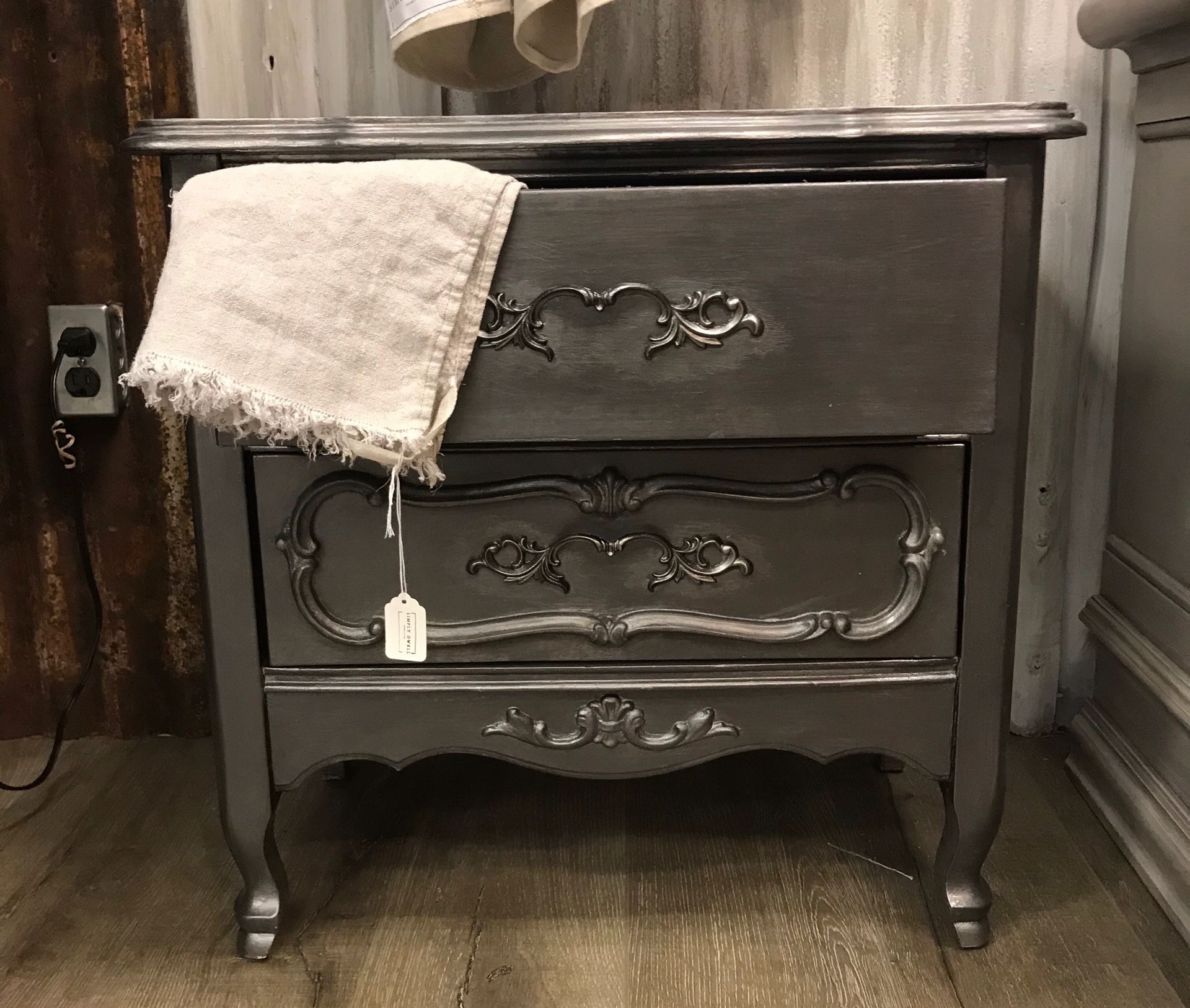 Metallic Gunmetal Gray painted End Table with Fabric Lined Drawers!