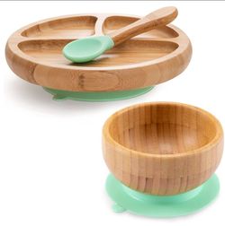 Avanchy bamboo suction toddler plate, bowl set in green.