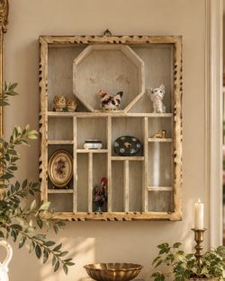 Vintage Handcrafted-Style Wood & Glass Curio Display Cabinet Rustic 17.5” Trinket Collectibles Mini