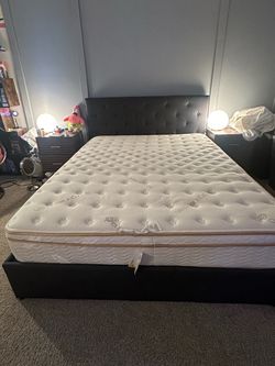 Queen Bed Frame w/ Storage + Mattress + FREE Memory Foam Topper