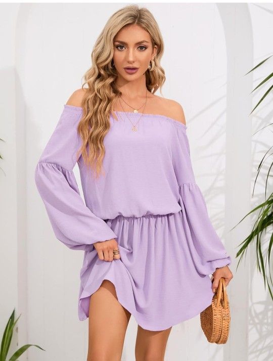 Women's Summer Off Shoulder Long Sleeve Pleated Mini Dress Casual Loose Strapless A Line Short Sundress with Pockets Light Purple M

