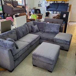New Gray Corduroy Reversible Sectional Sofa Couch With Ottoman Man Special 