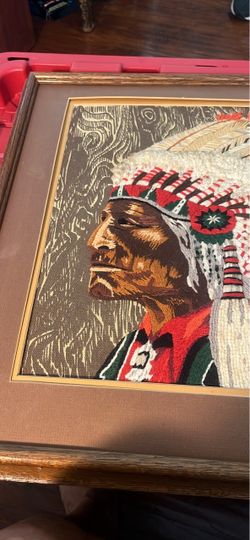 Vintage Native American Chief 3D Embroidered textile wall art 23” x 19” framed