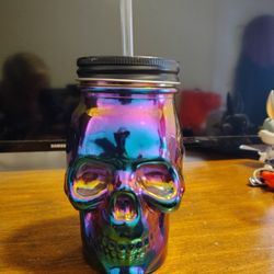 Rainbow Holographic Iridescent Glass Skull Sipper Mason Jar with Lid and Straw