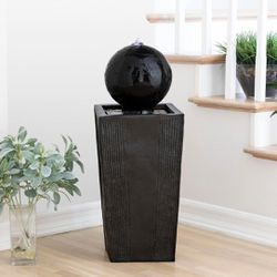 Outdoor Floor Modern Sphere and Pedestal Soothing Waterfall Fountain for Garden 33", Black