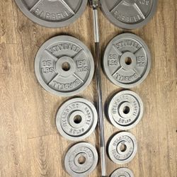 Full set of CAP Gray Olympic Weight Plates in NEW Condition & Brand NEW 6 ft Bar Steel Bar With Cooper Bearings [ Total 287 lbs]. I