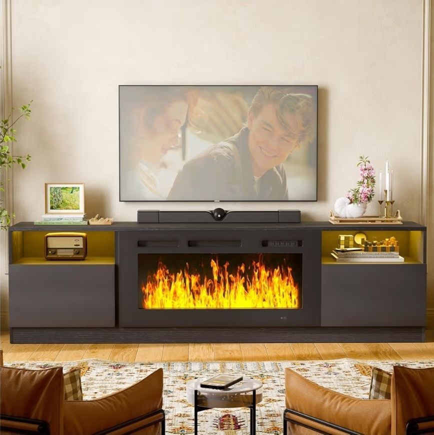 👀🔥 80" Fireplace TV Stand for TVs Up to 90", LED Entertainment Center 36" Electric Fireplace