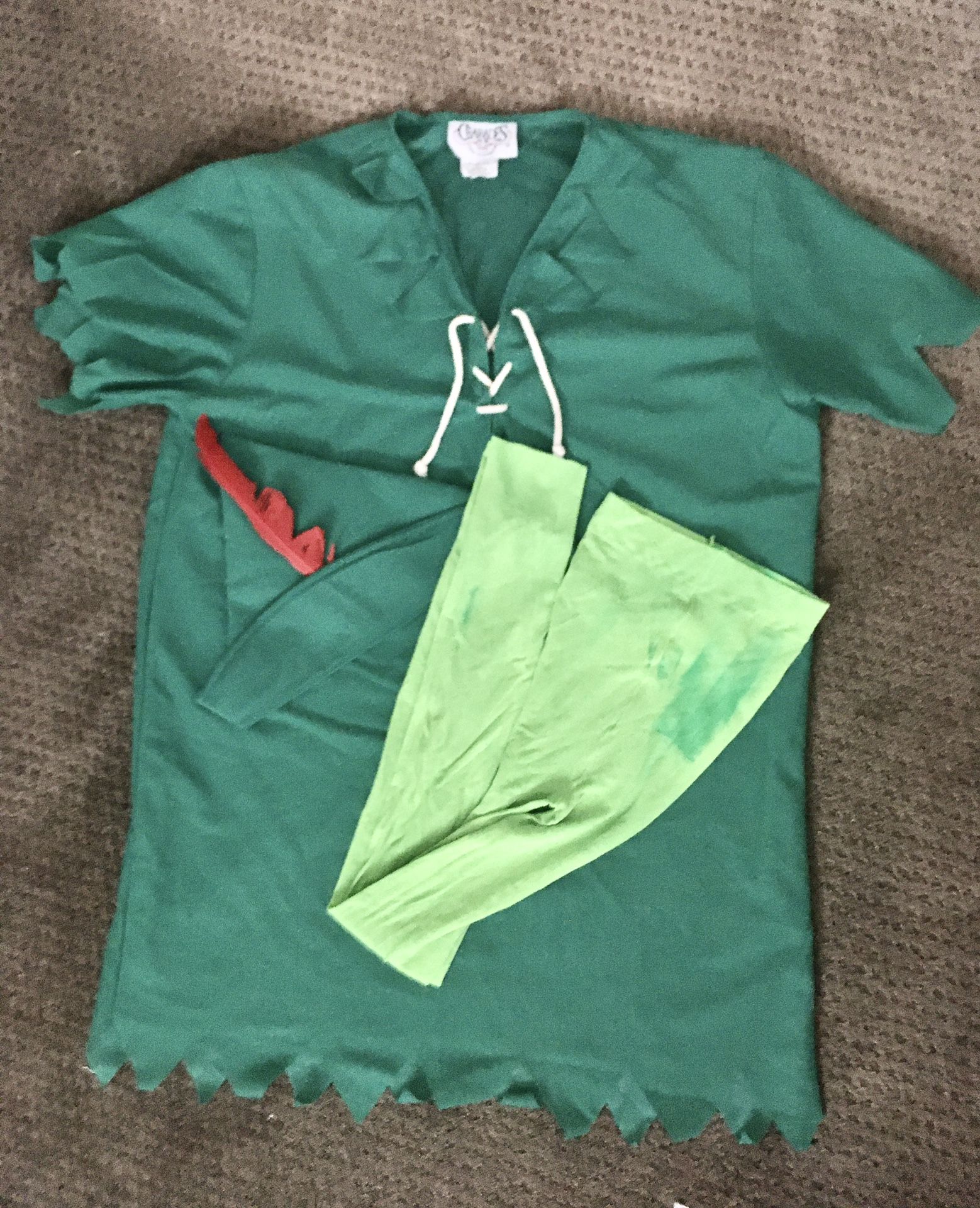 NWOT Peter Pan or Jolly green giant green costume Sz M - 3pc. Long shirt, hat w/red feather + green tights