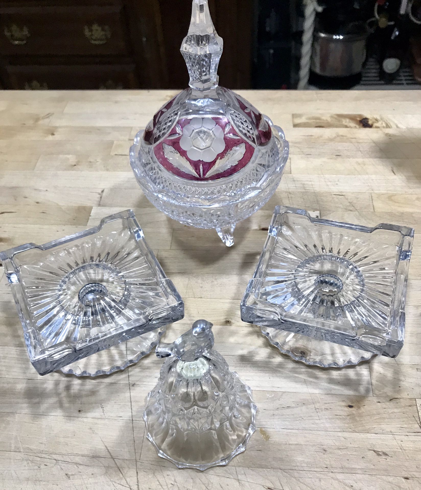 Cut Crystal Candy Dish, Candle Holders & Bird Bell