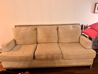 Beige 3-Seat Sofa with Nailhead Trim