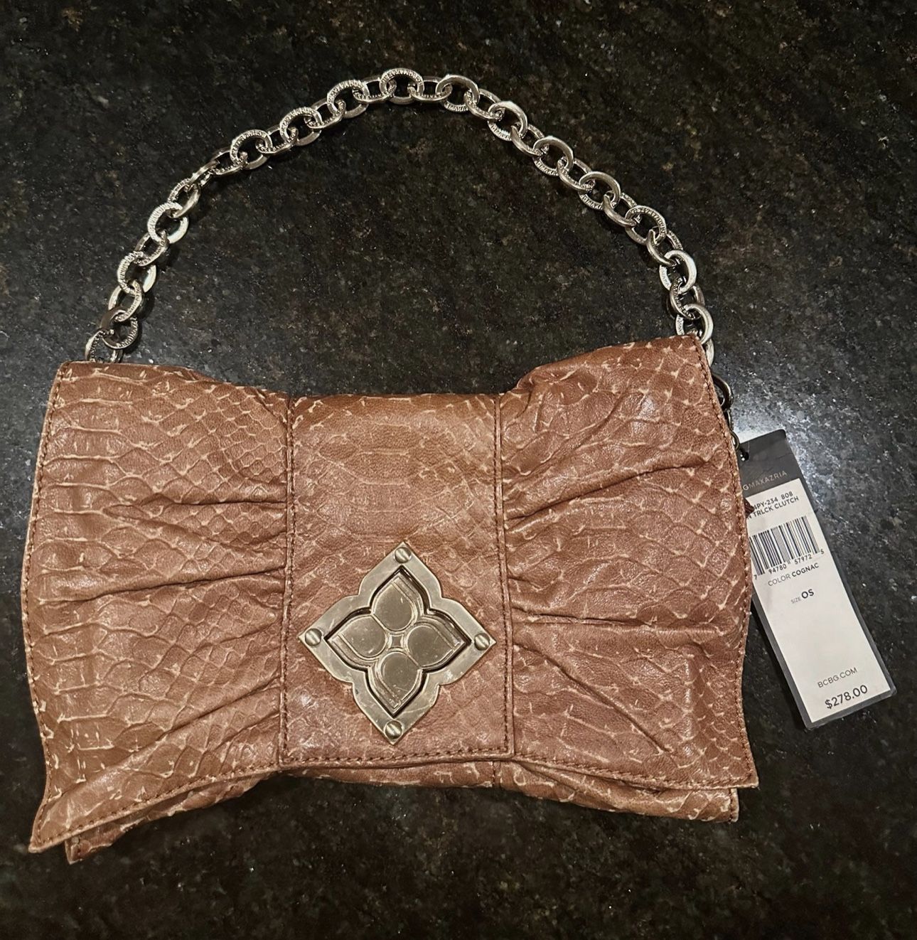BCBG MAXAZRIA Snakeskin Effect Leather Bow Clutch