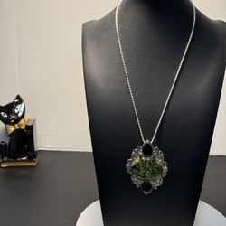 Italy Vintage 1990s Sterling Silver Serpentine Black Agate Necklace Brooch 12”