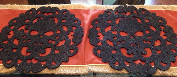 HALLOWEEN Set Of 2 Black Shimmering Skeleton Placemats