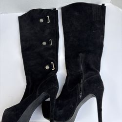 Bakers black suede leather knee-high heeled boots with decorative button details