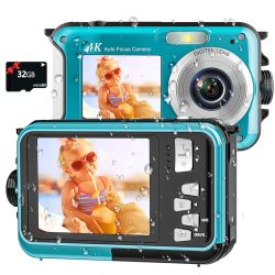 4K Underwater Camera 11FT Waterproof Camera with 32GB Card 56MP Autofocus Dual-Screen Selfie Underwater Camera for Snorkeling Waterproof Compact Float