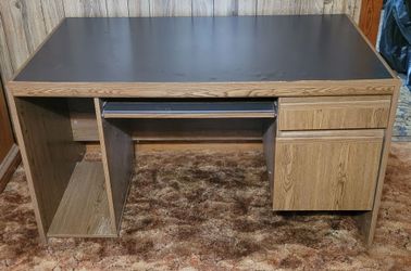 Wood Grain Desk with Black Top and Keyboard Tray