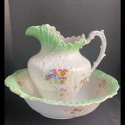Lovely Large Floral Victorian Ironstone Wash Basin And Pitcher