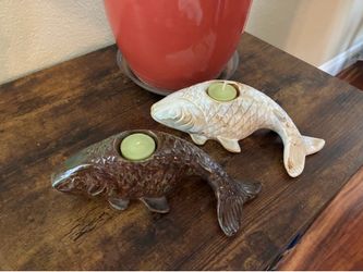 vintage pair of ceramic Koi fish tealight candle holders.