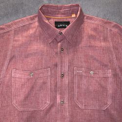 Orvis Size Large Mens Tech Chambray Shirt Red Pink Long Sleeve Fishing 🐟