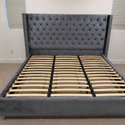 Gray Tufted Queen Bed Frame – Clean Look, Solid, No Box Spring Needed
