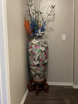 34” x 16” Ceramic vas hand made with rosewood stand ,.