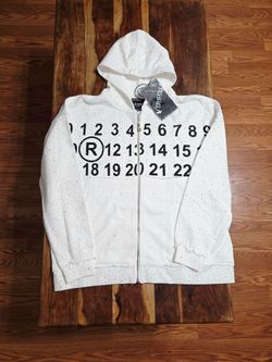 Verselli Men's White "Digits Drop" Rhinestone Accent Zip-up Hoodie. Size Small