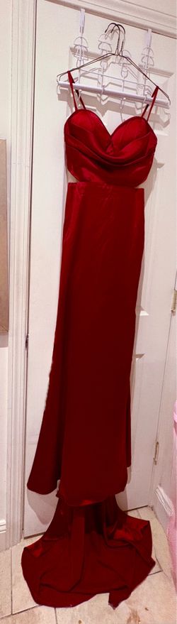 Red satin Prom dress with train & spaghetti straps