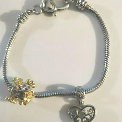 Silver Metal Heart  w Red Stone & Flower Silver/Gold Charm Bracelet Heart Clasp