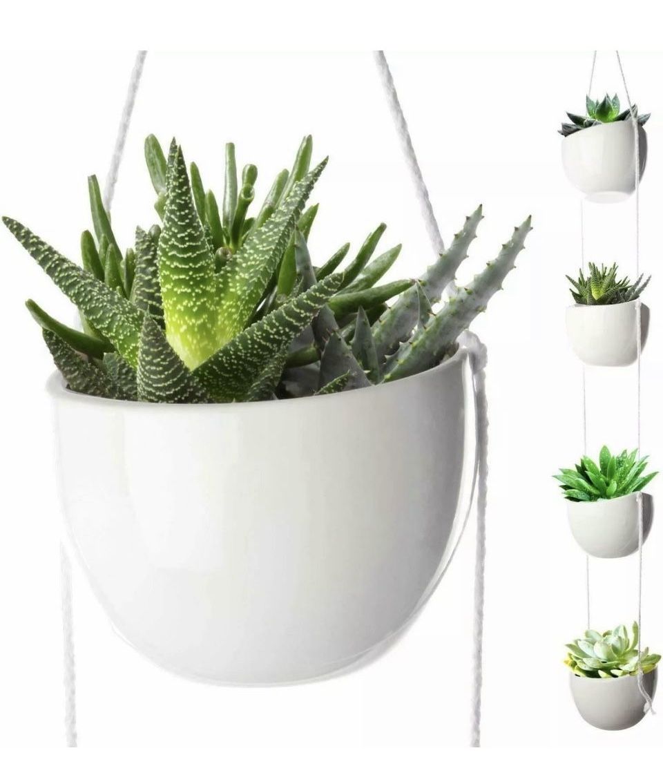 4 Tier Plant Hanging Holder White Ceramic Planters for Wall Ceiling Decorative Herb Garden