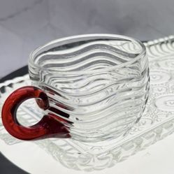 Set of (3) Vintage Duncan & Miller Caribbean punch cups in clear glass with a red handle. 