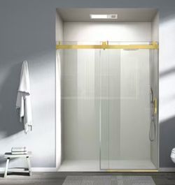 60 in. W x 76 in. H Single Sliding frameless Bypass Bathroom Shower Door with 1/4 in. Tempered Glass in Brushed Gold