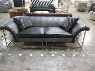 Old Hickory Tannery Black Croc-Embossed Leather Flare-Arm Sofa with Chrome Base