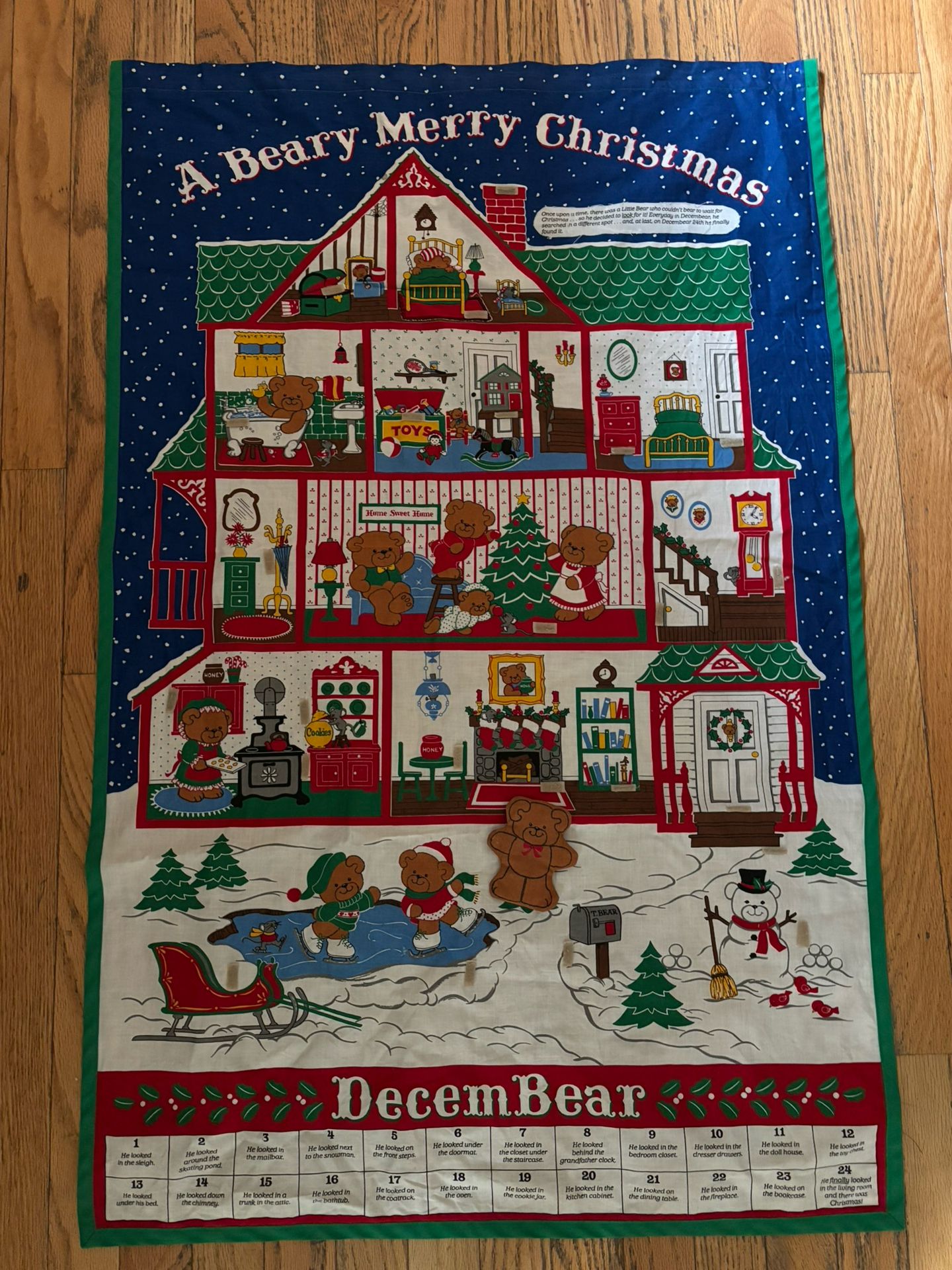 Vintage Beary Merry Christmas Holiday Advent Count Down Calendar Fabric Panel W/ Teddy Bear Figure