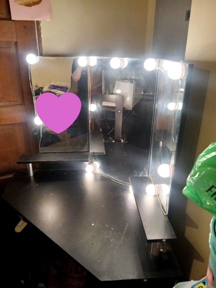 Vanity With Mirror Lights And Stool