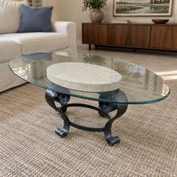 Oval Glass Coffee Table – Stone & Decorative Metal Base